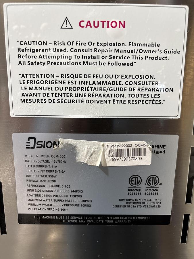 Used Osion OCM-500 30" Air Cooled Cube Ice Machine 500 lbs/24 hours w/ Bin, 115V