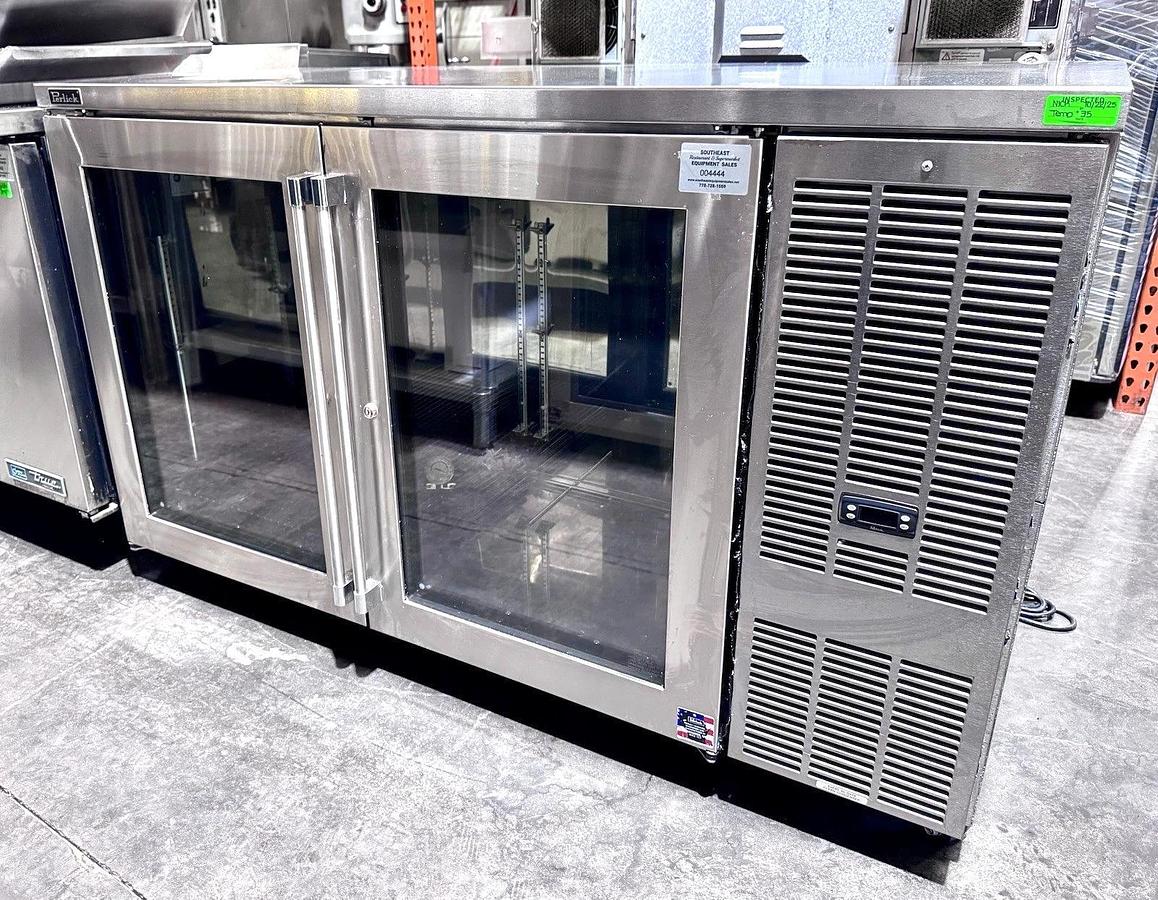 Used Perlick BBS60 60" 2-Door Glass Refrigerated Back Bar Cooler - TOP OF THE LINE!