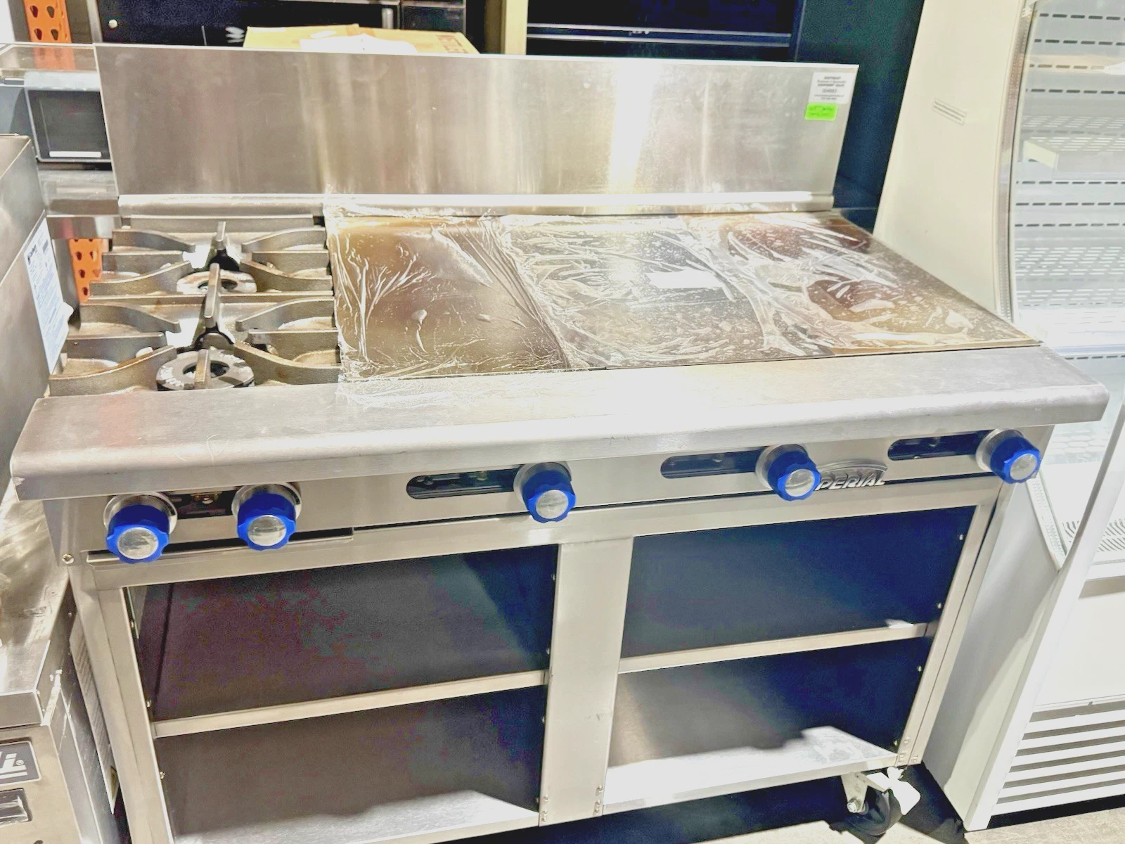 Used Imperial IR-2L-3HT-2XB-F 48" Gas 2-Burner Range, Hot Top Griddle on Storage Base