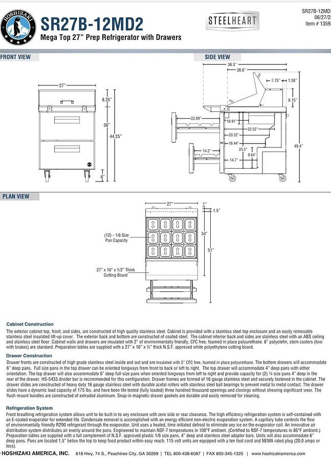 Hoshizaki SR27B-12MD2 27" Mega Top Sandwich / Salad Prep Table w/ 2 Drawers *ON SALE -$1,500 OFF