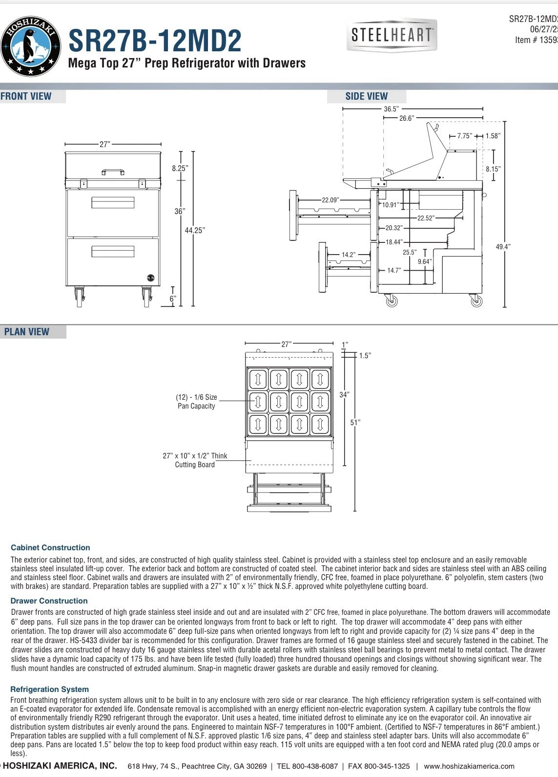 Hoshizaki SR27B-12MD2 27" Mega Top Sandwich / Salad Prep Table w/ 2 Drawers *ON SALE -$1,500 OFF