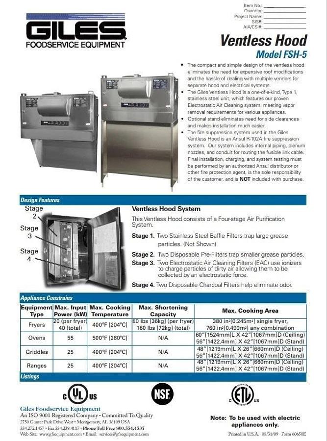 Used Giles Ventless Exhaust Hood FSH-5 with New Filters