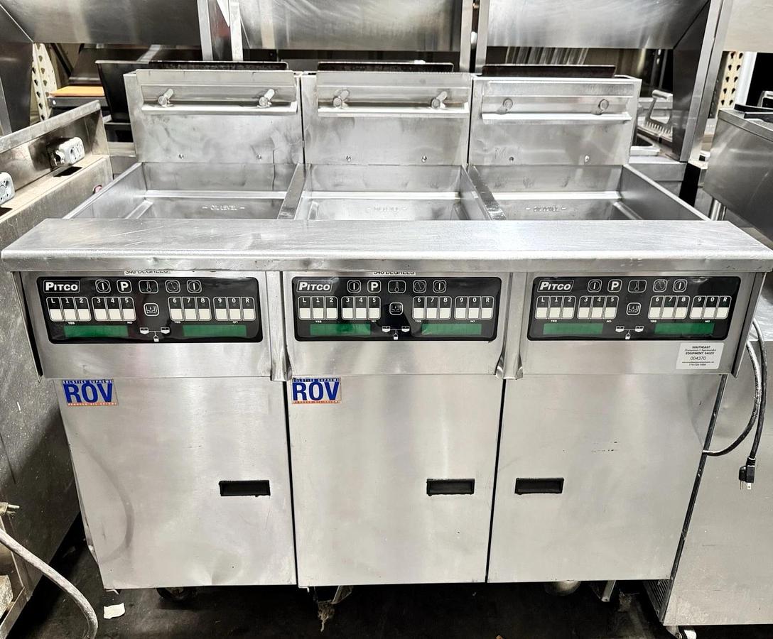 Used Pitco SSHLV14 Supreme ROV Gas High-Efficiency 3-Vat Fryer System w/ Filtration