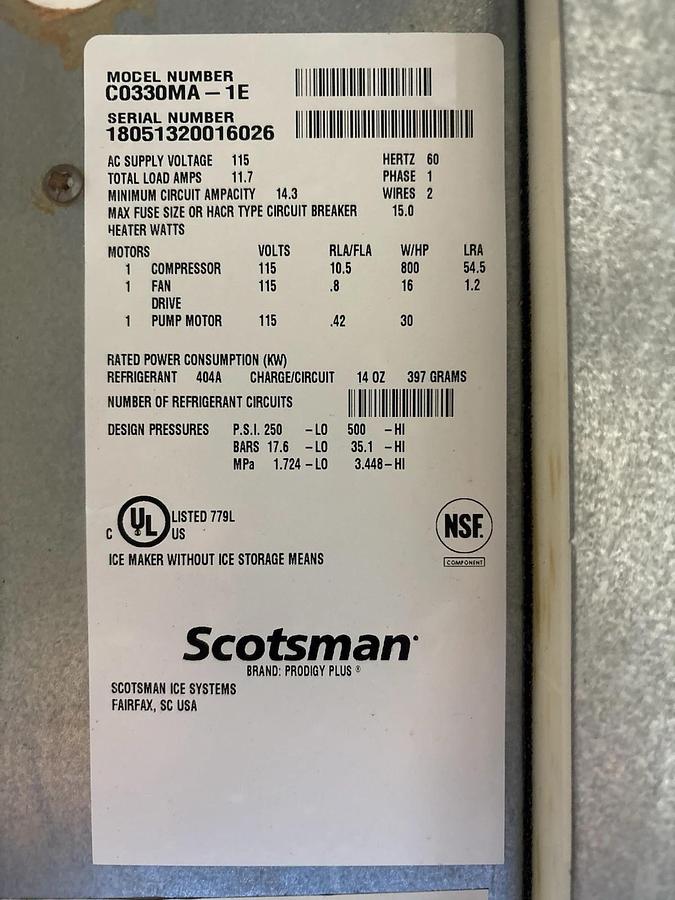 Used Scotsman C0330MA-1 30" Prodigy Plus Air-Cooled Cube Ice Machine, 400 lbs/Day