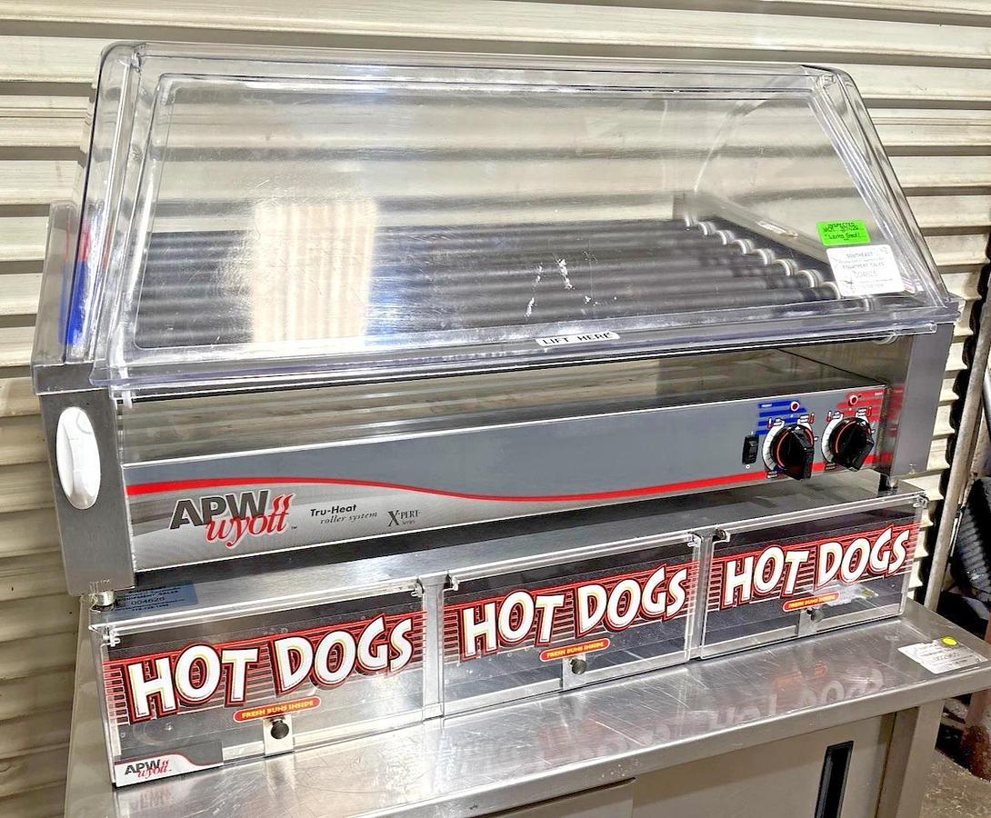 Used APW Wyott HRS-50 X PERT Hot Dog Flat Roller Grill w/ Sneeze Guard & Bun Cabinet