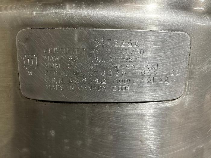 Used Cleveland KGL-40 PROPANE 40 Gallon Stationary 2/3 Steam Jacketed Kettle w/ Faucet