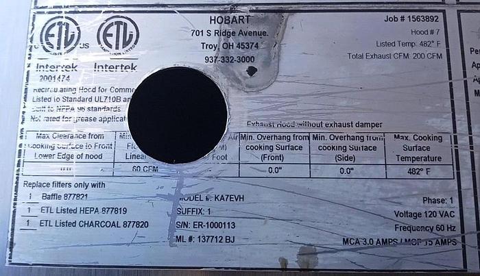 Used HOBART KA7EVH" HEAVY DUTY COMMERCIAL (NSF) SS VENTLESS EXHAUST HOOD, 200CFM
