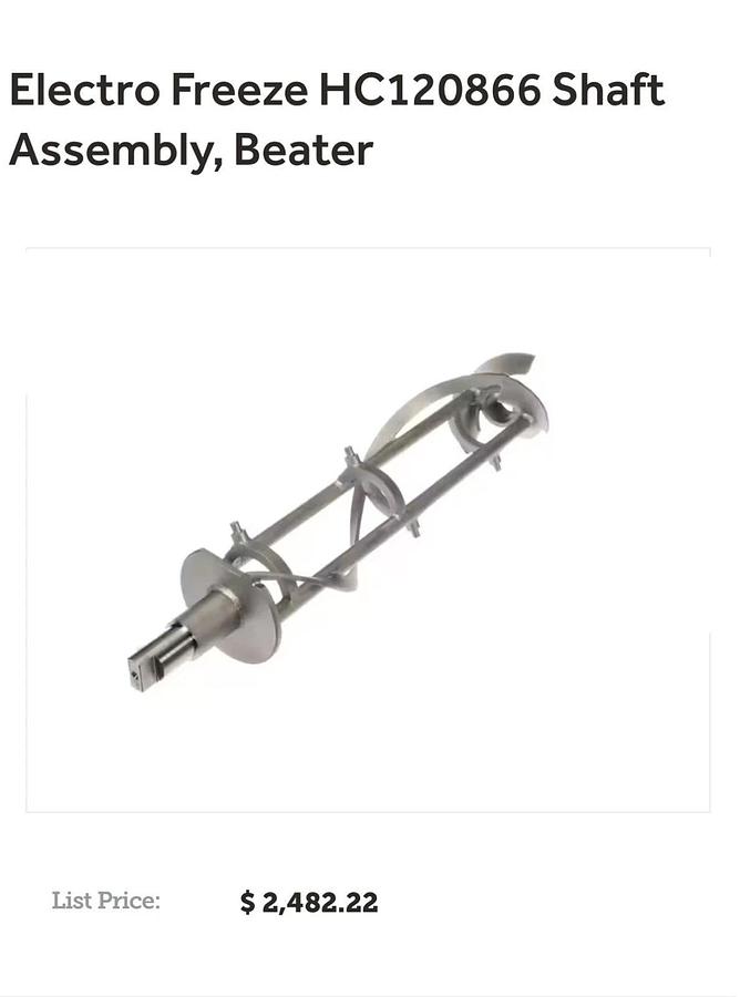 Used Electro Freeze HC120866 Shaft Assume. Beater with HC139913 Bar-Breaker 16.02 In.