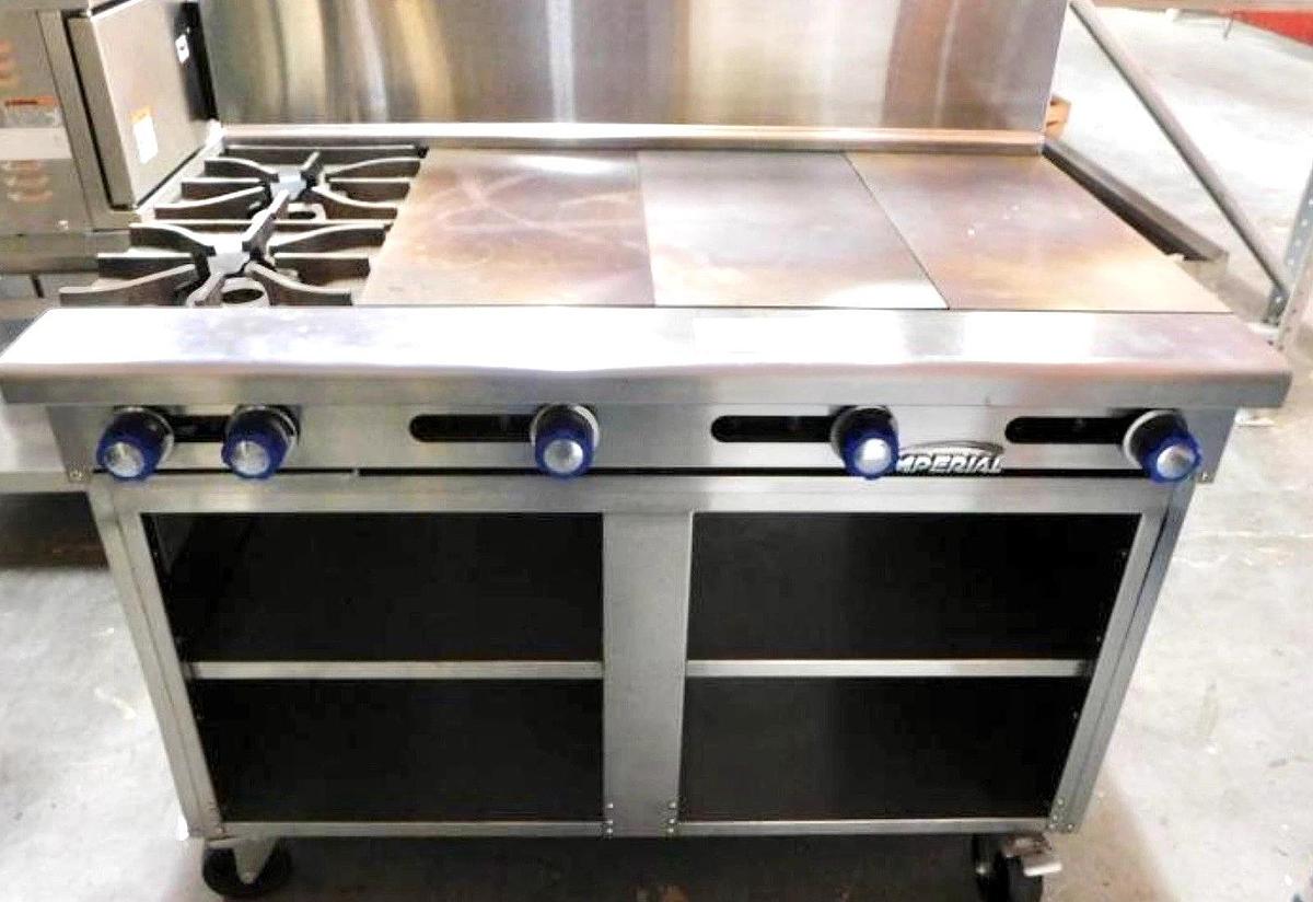 Used Imperial IR-2L-3HT-2XB-F 48" Gas 2-Burner Range, Hot Top Griddle on Storage Base