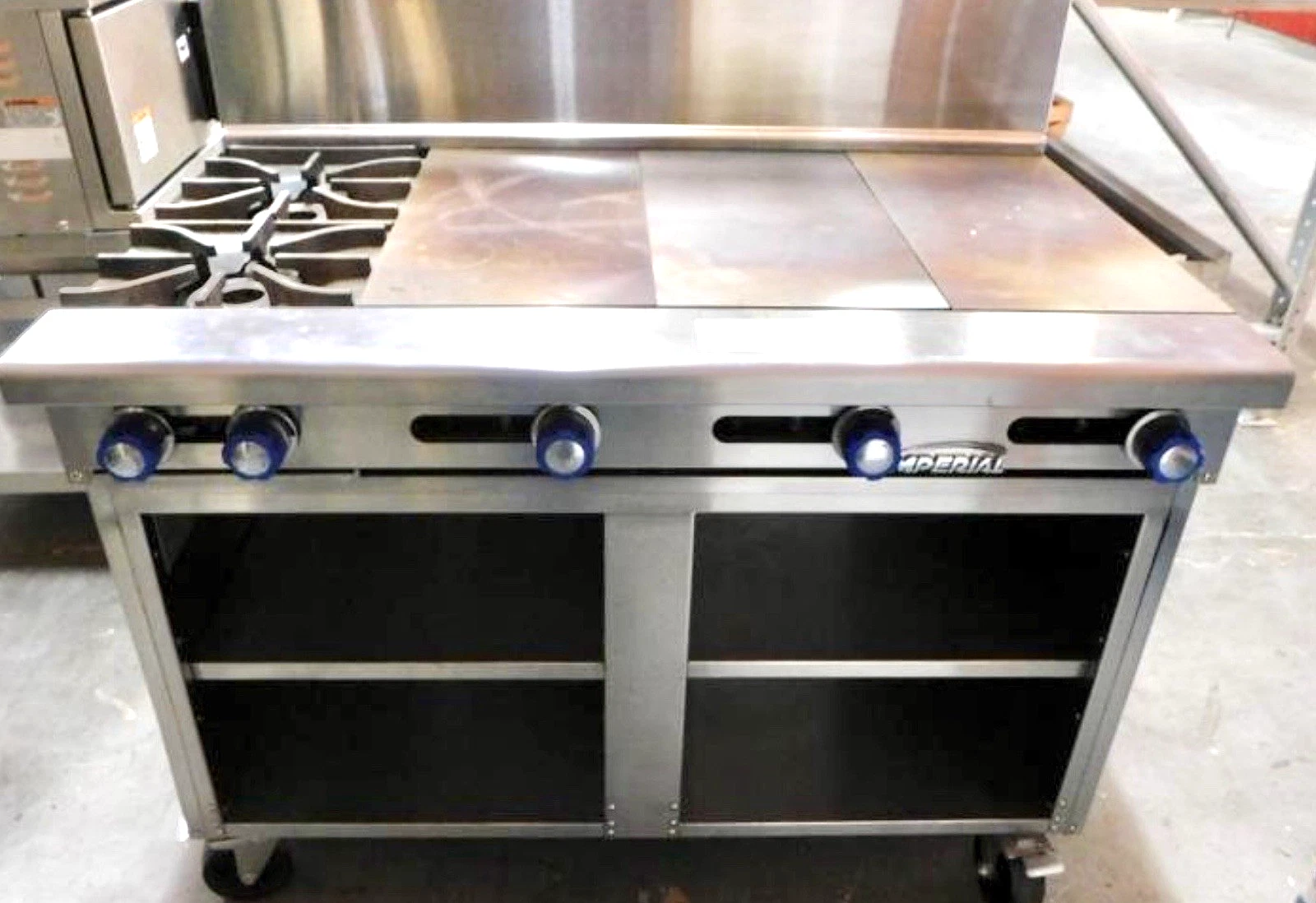Used Imperial IR-2L-3HT-2XB-F 48" Gas 2-Burner Range, Hot Top Griddle on Storage Base