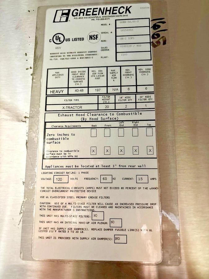 NEW Greenheck GXEW-54" Commercial Kitchen Exhaust Grease Lading Hood w/ NEW Ansul System