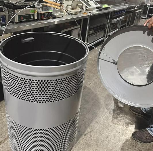 Used NEW Rubbermaid Commercial 51 Gal Outdoor Round Trash Can, Stainless, w/ Insert