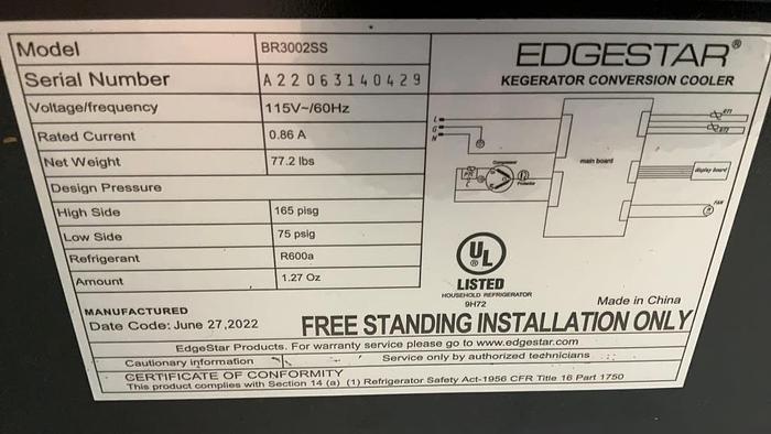 Used NEW* EdgeStar 24in Wide Kegerator Conversion Refrigerator for Full Size Keg