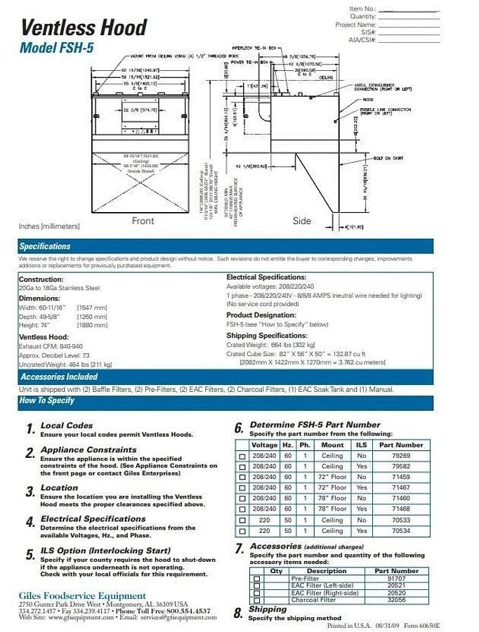 Used Giles Ventless Exhaust Hood FSH-5 with New Filters