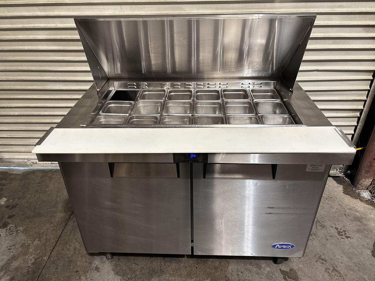 Used Atosa USA 48" Two Section Mega Top Sandwich/Salad Prep Table w/ 2 Doors, 18 Pans, M#MSF8306GR