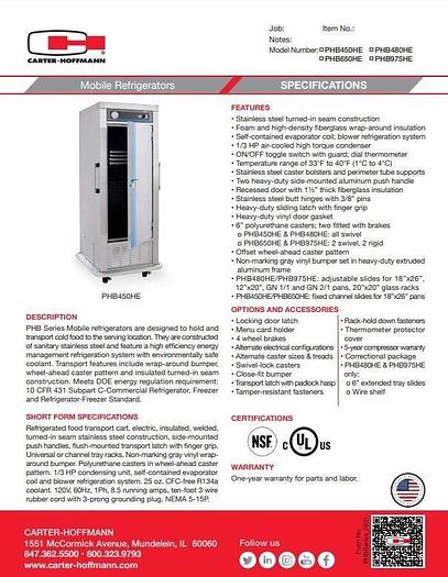 Used Carter-Hoffmann PHB480HE Full Size Insulated Mobile Refrigerated Cabinet w/ Universal Slides