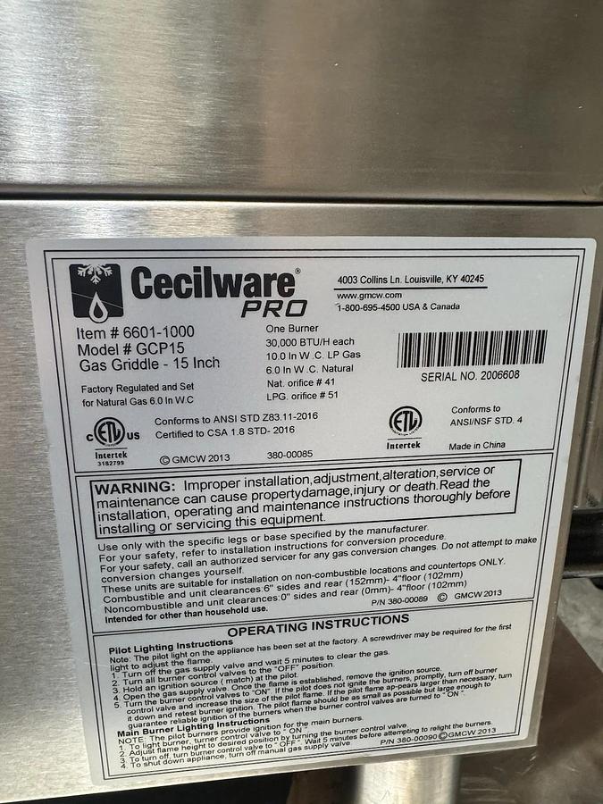 Used Cecilware® Pro GCP15 15" Gas Griddle w/ Manual Controls, 1” Steel Plate, 30k BTU "ON SALE" 