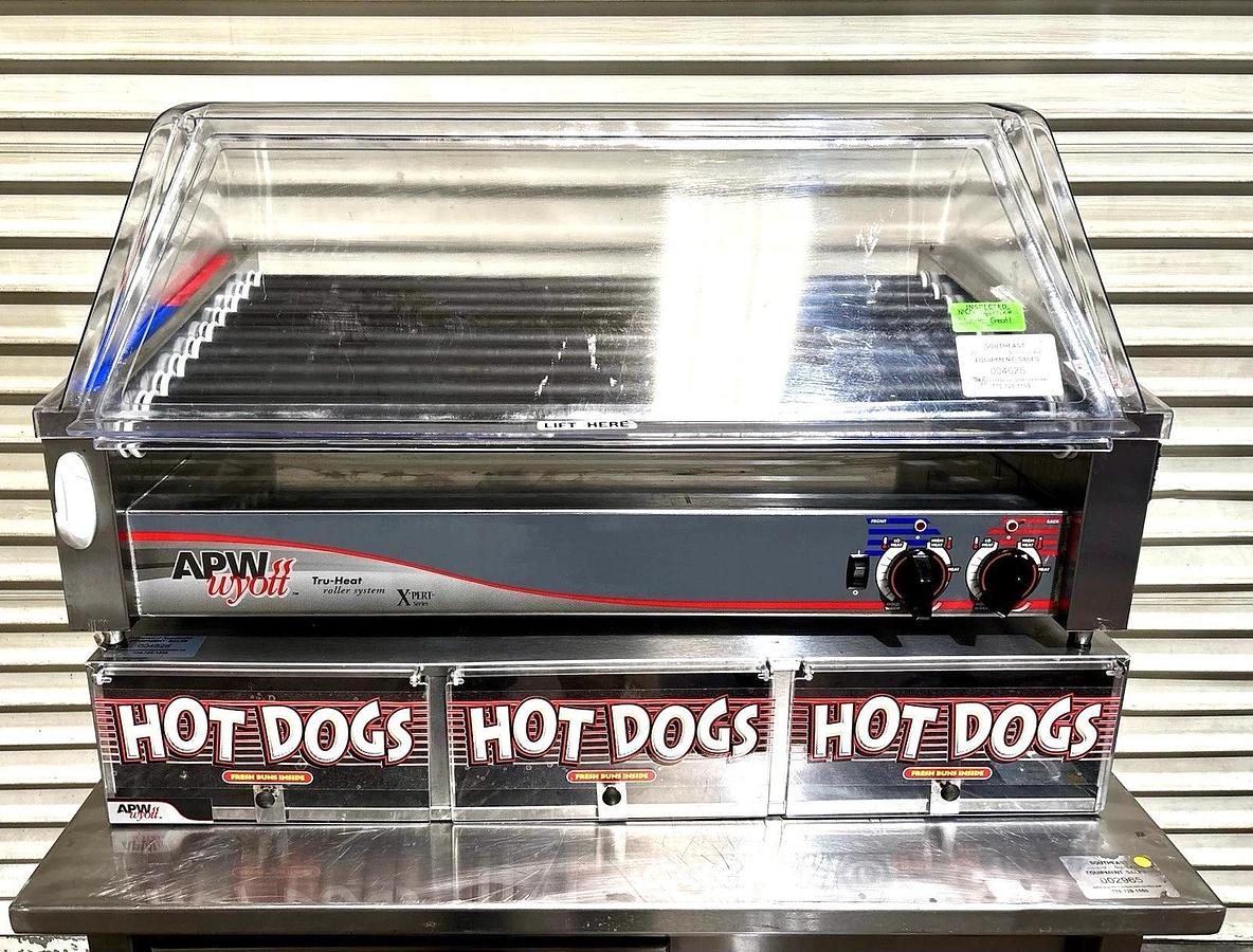 Used APW Wyott HRS-50 X PERT Hot Dog Flat Roller Grill w/ Sneeze Guard & Bun Cabinet