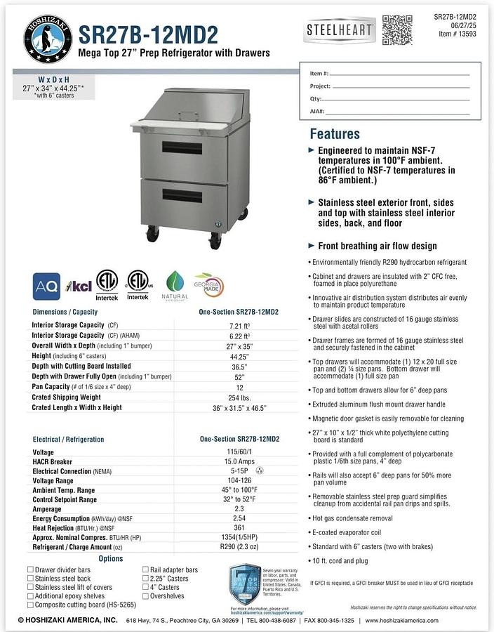 Hoshizaki SR27B-12MD2 27" Mega Top Sandwich / Salad Prep Table w/ 2 Drawers *ON SALE -$1,500 OFF