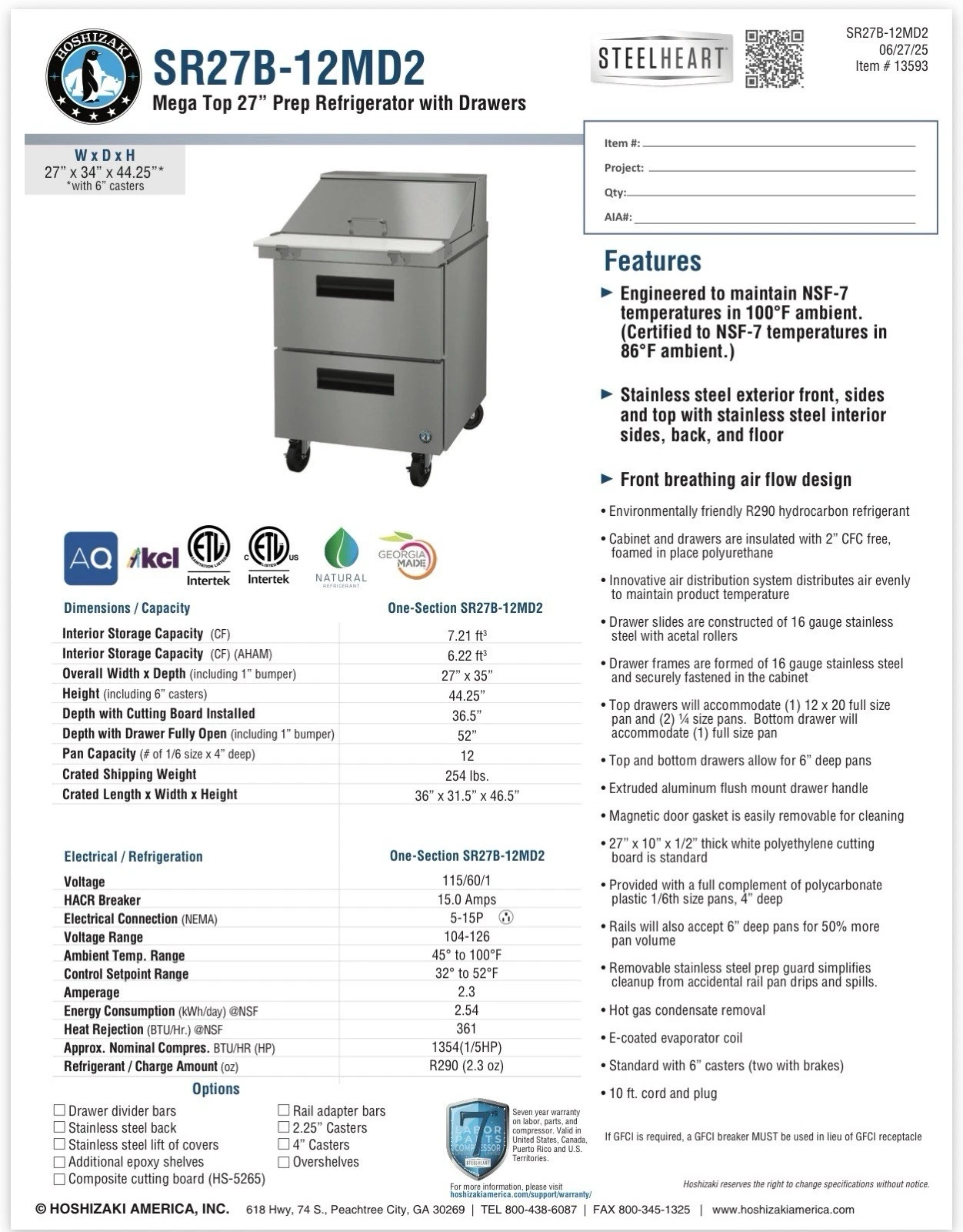 Hoshizaki SR27B-12MD2 27" Mega Top Sandwich / Salad Prep Table w/ 2 Drawers *ON SALE -$1,500 OFF