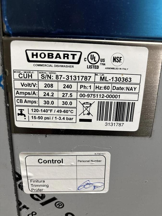 Used Hobart CUH-1 23" High Temp Undercounter Dishwasher with Booster Heater