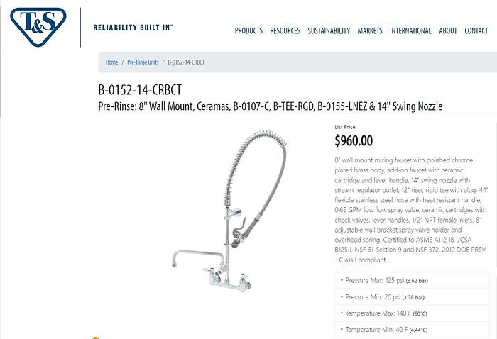 New*T&S EasyInstall Wall Mounted Pre-Rinse Faucet with 8" Center B-0152-14-CRBCT