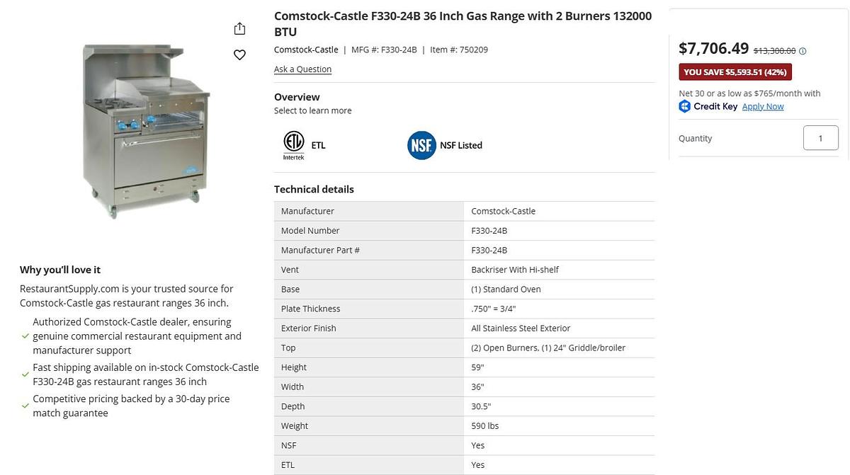 Used NEW* Comstock-Castle 36" Range, 2 Burners, 24" Griddle, Cheese Melter, and Oven