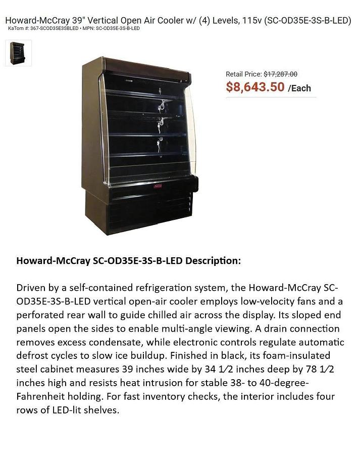 Used Howard-McCray 39" Vertical Open-Air Grab-N-Go Cooler, 4-Deck LED, HALF-PRICE, USED 6 MON.