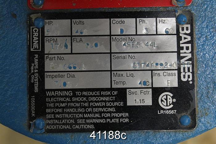 Used Barnes Vertical Pump, Model 4SE5044L, 5Hp, 460Volts, 1650Rpm #41188