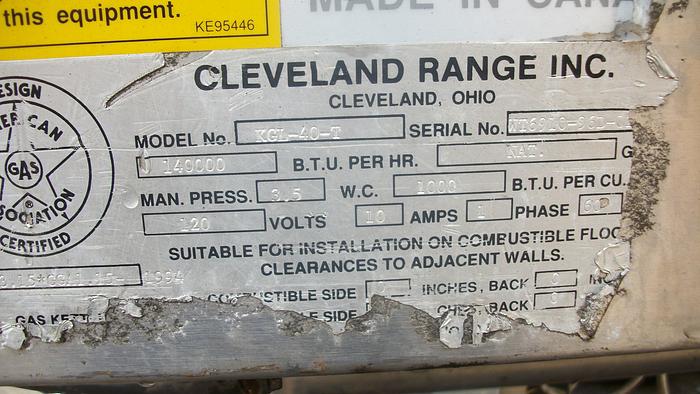 Used Kettle, 40 Gallon, S/st, Cleveland, Mdl KGL40T, Steam, Tilt, #S742463