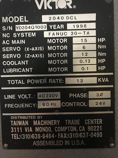 Used 1998 Victor DCL 2040 Tool Room Lathe