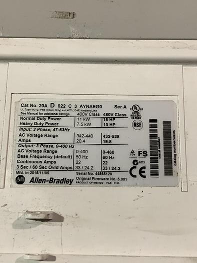 Used ALLEN BRADLEY POWERFLEX 70 DRIVE 15 HP