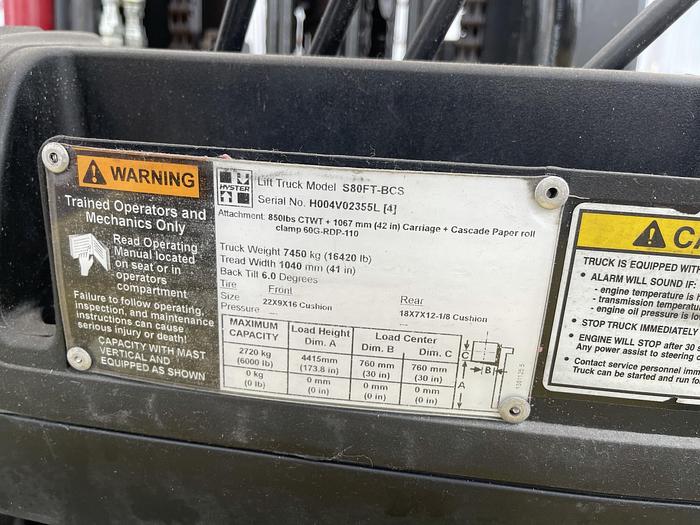 Used 8,000 POUND HYSTER MODEL S80FTBCS MFG. 2013 5,700 HOURS WITH FORKS