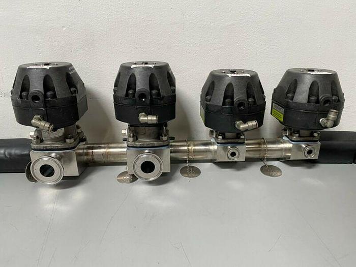 Used 2 ITT 1" & 2 ITT 1/2" 60 PSI Valves on Manifold w/ 1/2" & 1" Sanitary Fittings