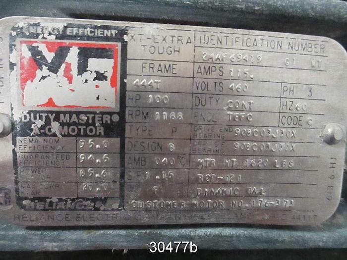 Used Reliance 100 HP, 460 VOLT, 1188 RPM AC Motor #30477