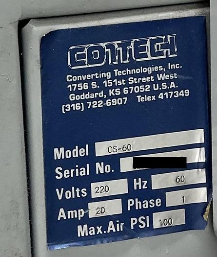 Used 60" CONTECH MDL. CS-60 SHEETER WITH HEAVY DUTY UNWIND AND SCORE SLITTING