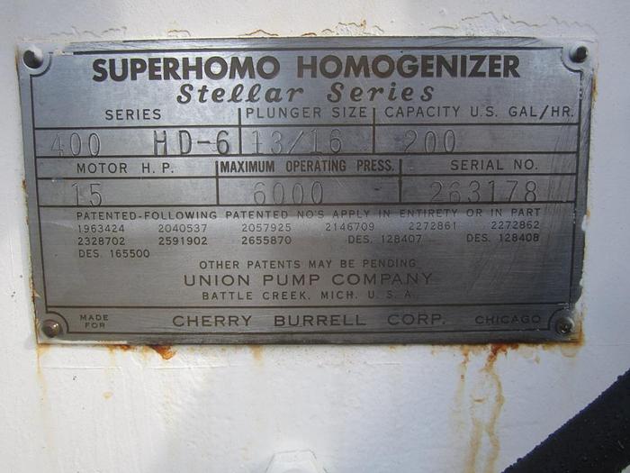 Used Homogenizer, Superhomo, Mdl 400, 200 GPH, 15 HP #S737934