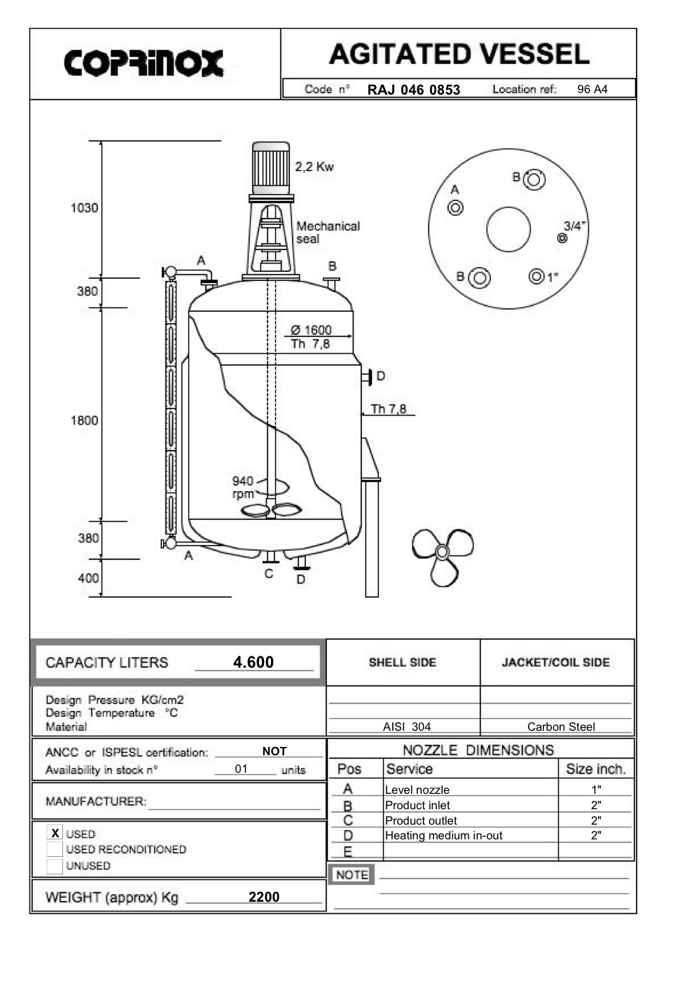 Usato Reattore da 4600 Litri