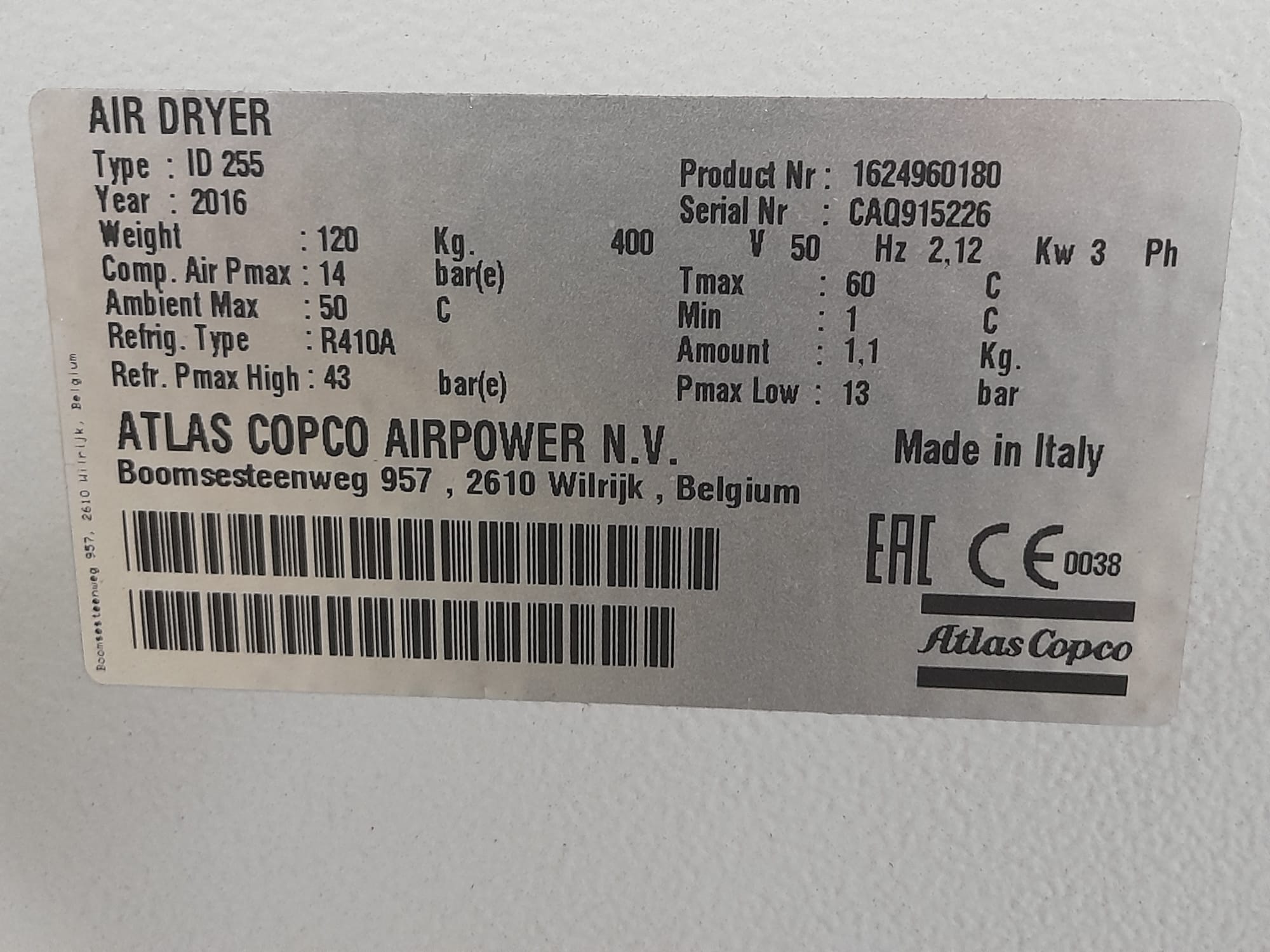 Used 2016 Atlas Copco GA75 VSD FF c/w Built in Air Dryer