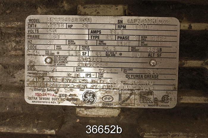 Used General Electric 20 Hp Ac Motor, 460 Volt, 1780 Rpm #36652