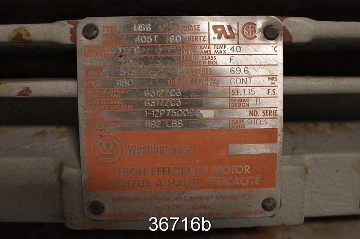 Used Westinghouse 75 Hp Ac Motor, 575 Volt, 1180 Rpm #36716