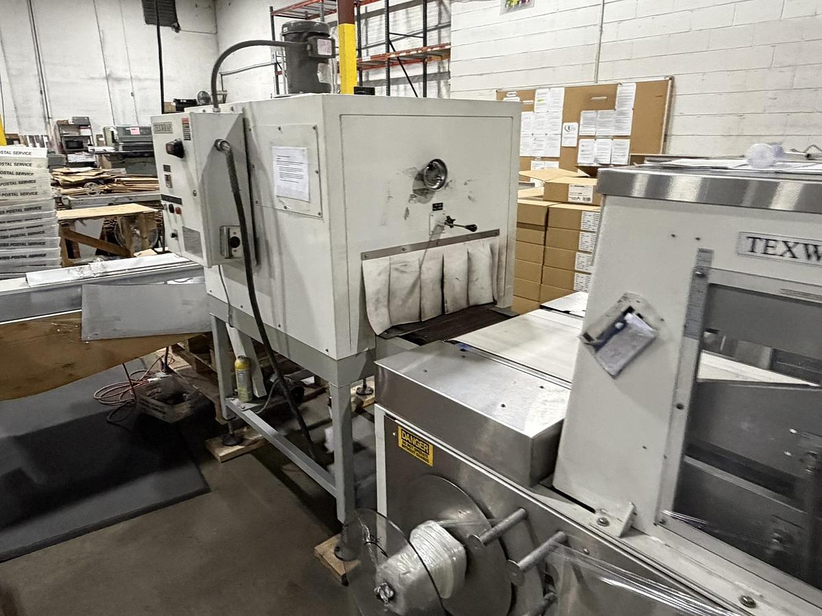 Used Texwrap 2202 Side Seal Shrink Wrapper Line w/ T822 Heat Tunnel, Lugged Conveyor + (3) Straight Shooter Feeders
