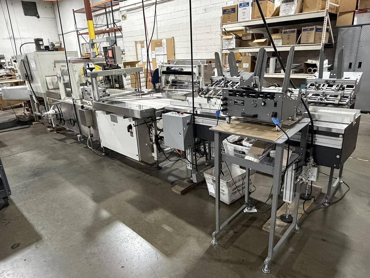 Used Texwrap 2202 Side Seal Shrink Wrapper Line w/ T822 Heat Tunnel, Lugged Conveyor + (3) Straight Shooter Feeders