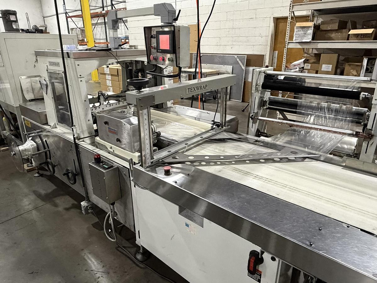 Used Texwrap 2202 Side Seal Shrink Wrapper Line w/ T822 Heat Tunnel, Lugged Conveyor + (3) Straight Shooter Feeders