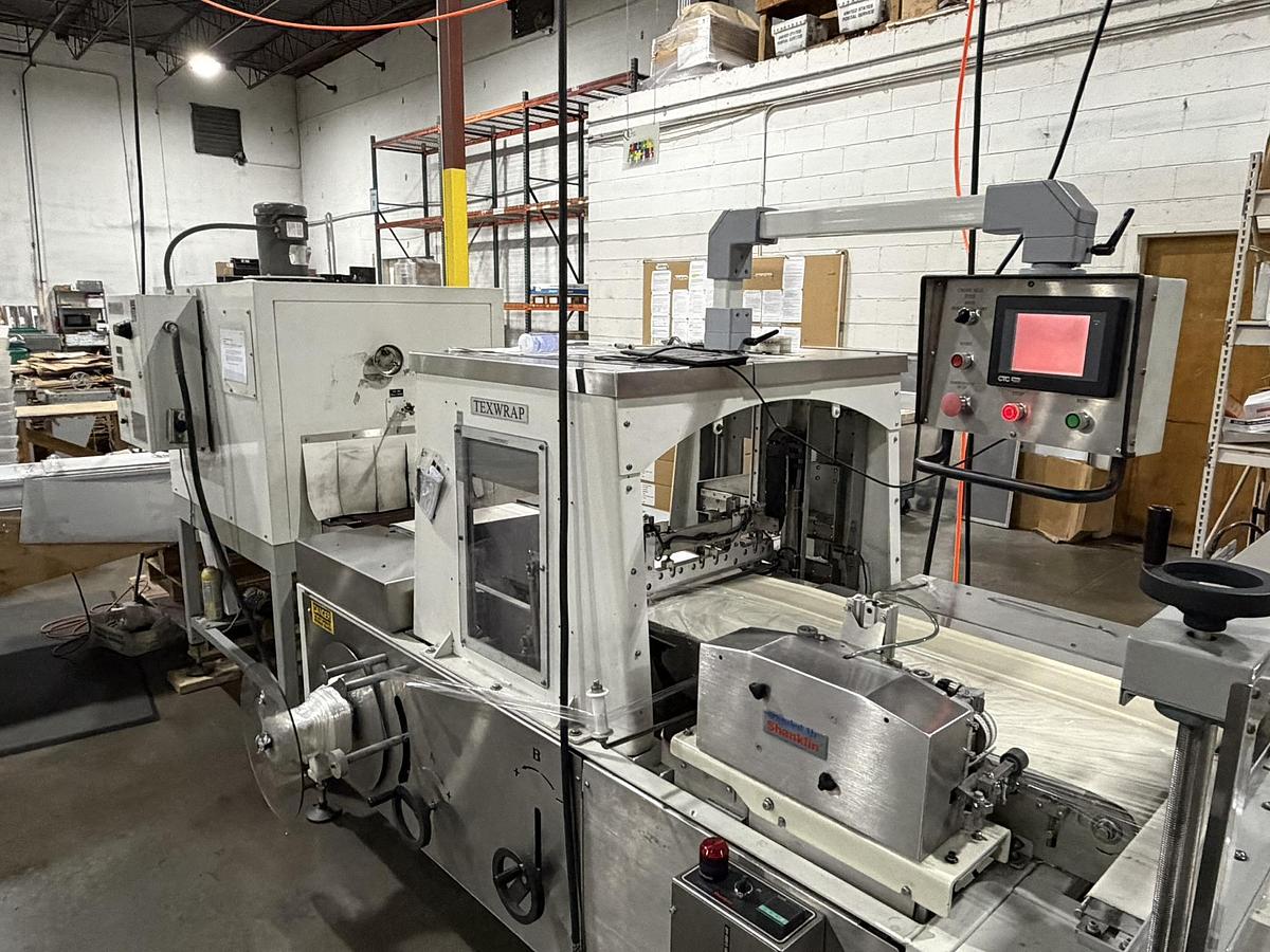 Used Texwrap 2202 Side Seal Shrink Wrapper Line w/ T822 Heat Tunnel, Lugged Conveyor + (3) Straight Shooter Feeders