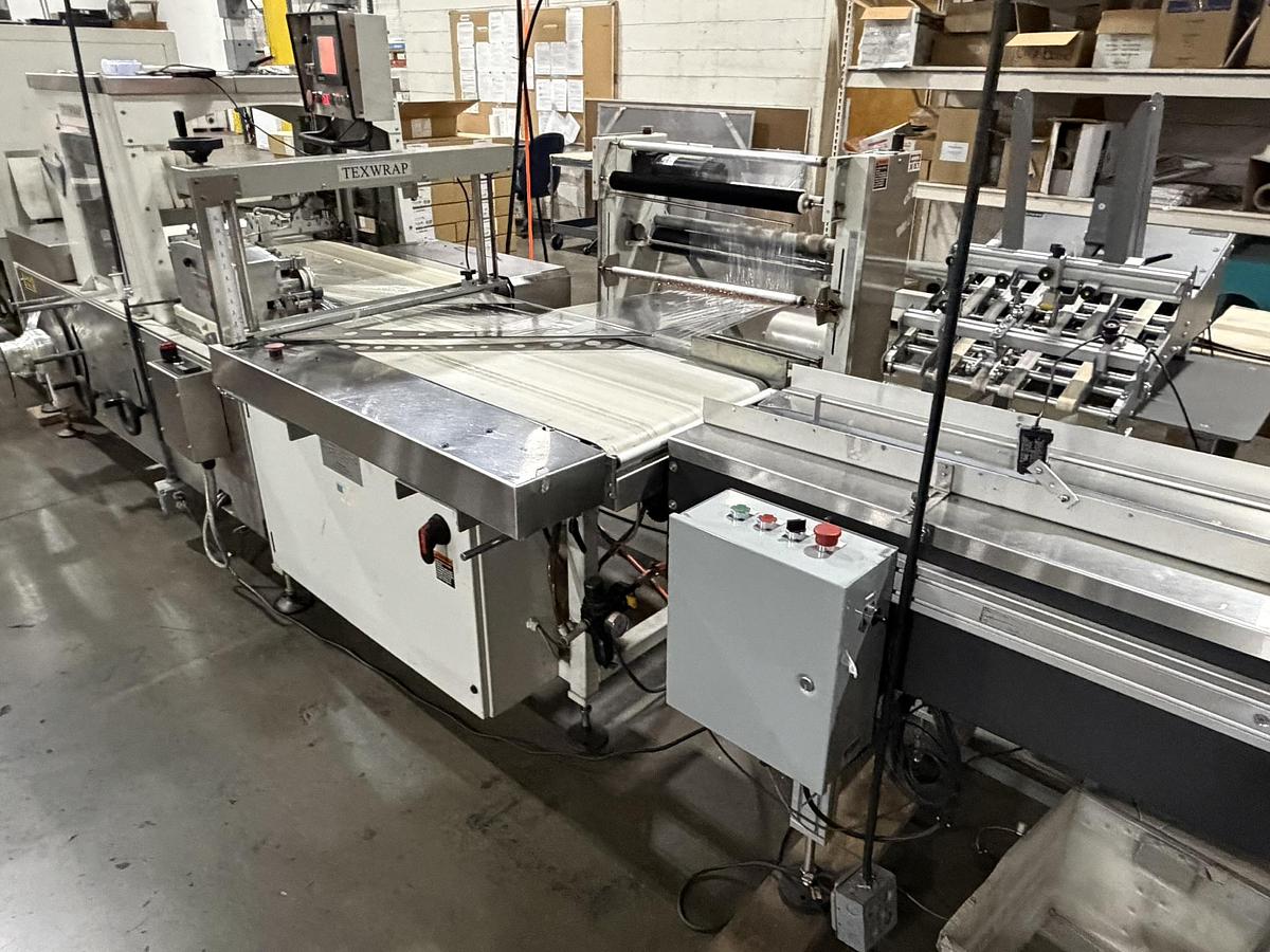 Used Texwrap 2202 Side Seal Shrink Wrapper Line w/ T822 Heat Tunnel, Lugged Conveyor + (3) Straight Shooter Feeders