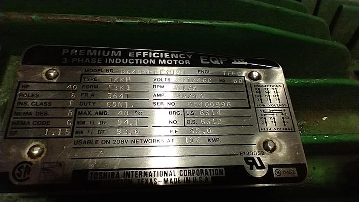 Used TOSHIBA EQP 3PH 40HP WEG Electric Motor 208-230-460 VAC 1175RPM GH0-0