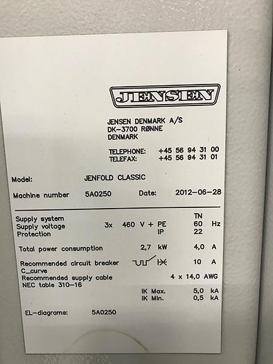 Used 2012 JENSEN CLASSIC SHEET FOLDER