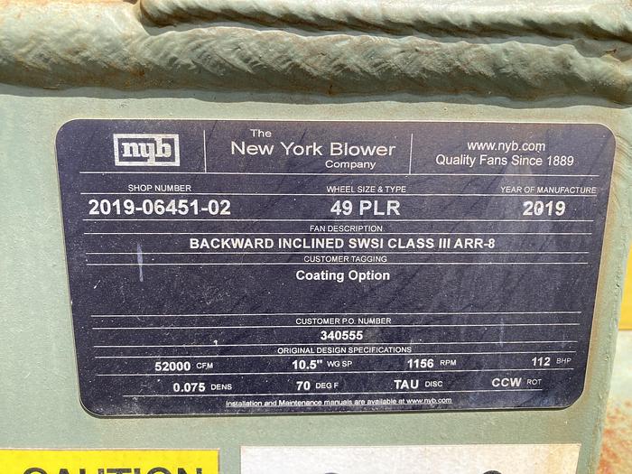 Used Used New York Blower Backward Inclined SWSI Class III AAR-8 blower
