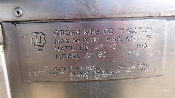 Used Kettle, 80 Gallon, S/st, Jkt, Groen, Mdl AH-80, Gas #C743370
